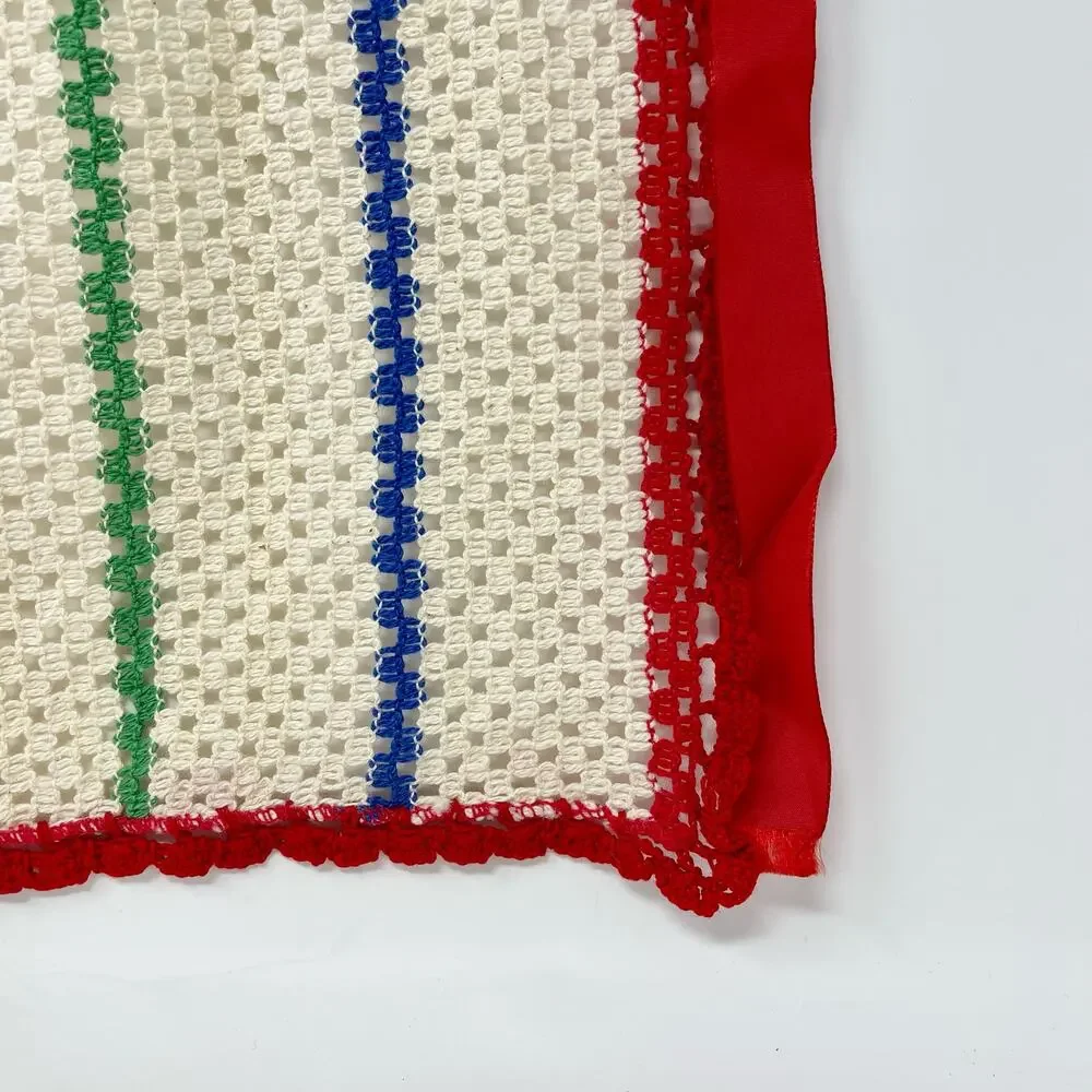 Vintage‎ Off-White w/Red Blue Green Stripes Hand Crochet Red Pocket Half Apron